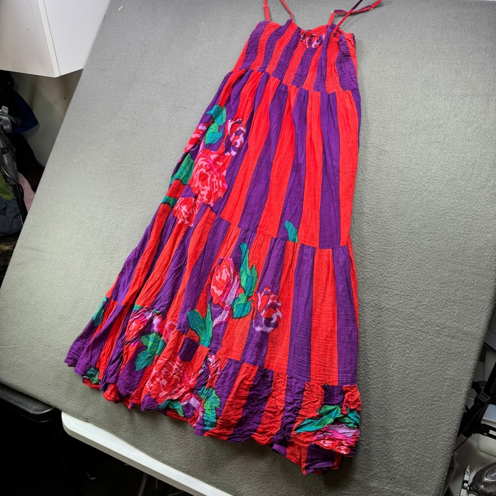 Antica Sartoria Floral Striped Smocked Maxi Dress Womens OS Cotton Tiered Boho - Picture 8 of 8